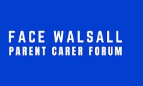 FACE Walsall logo. A navy blue background, a white circle with blue and red stick people inside, with a red arm wrapped around the edge of the circle.