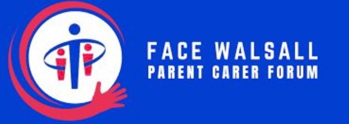 FACE Walsall logo. A navy blue background, a white circle with blue and red stick people inside, with a red arm wrapped around the edge of the circle.