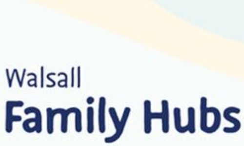 The logo for Walsall Family Hubs displaying colourful outlines of a family.