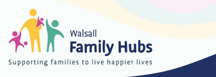 The logo for Walsall Family Hubs displaying colourful outlines of a family.