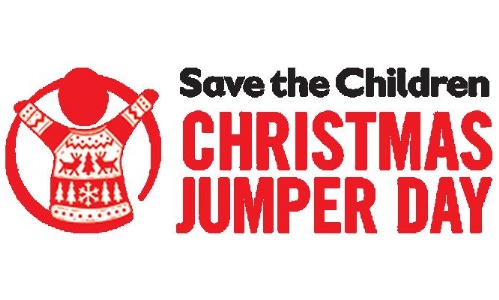 The logo for Save the Children Christmas Jumper Day. Shown in red, a circle around a stick person wearing a Christmas jumper with both arms raised.
