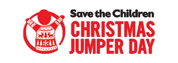 The logo for Save the Children Christmas Jumper Day. Shown in red, a circle around a stick person wearing a Christmas jumper with both arms raised. 