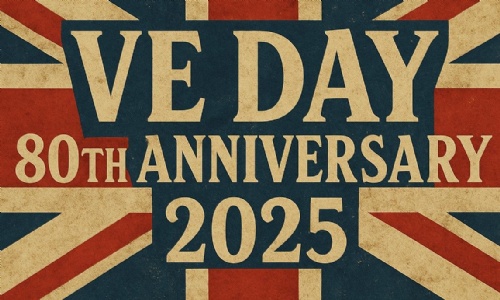 A union jack flag background with 'VE Day 80th Anniversary' in white text.