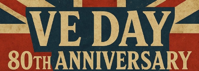 A union jack flag background with 'VE Day 80th Anniversary' in white text.